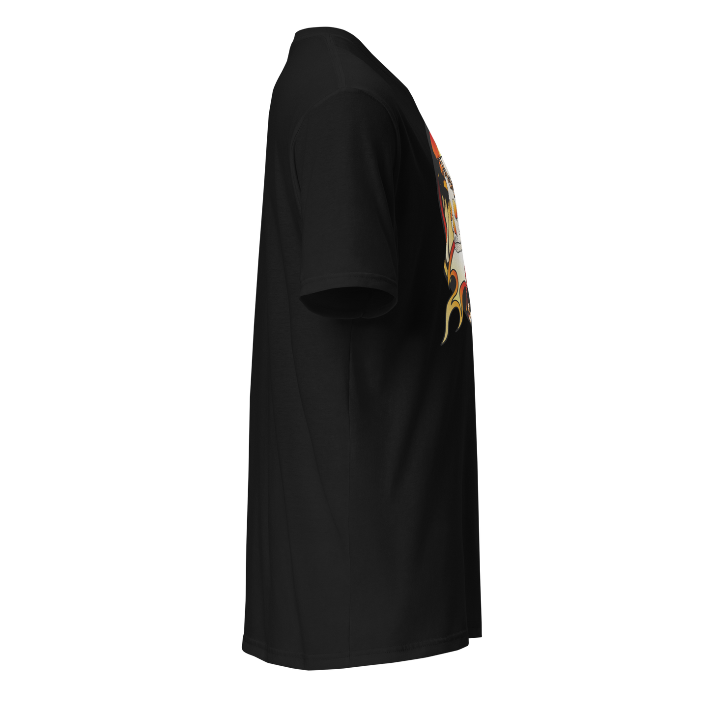 Black t-shirt with colorful graphic design on a white background