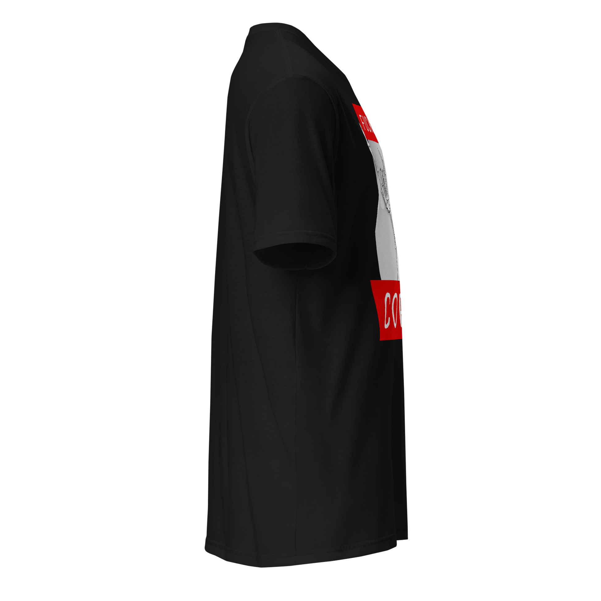 Black t-shirt with a red and white logo on a white background