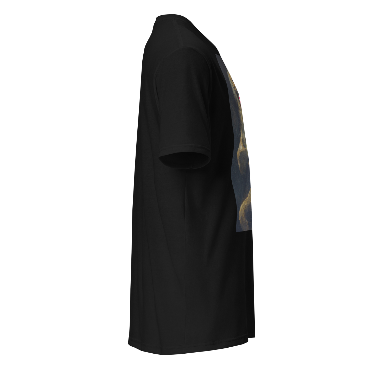 A black short-sleeve t-shirt shown from a side profile view, featuring a large graphic print on the back in shades of blue, gold, and white.