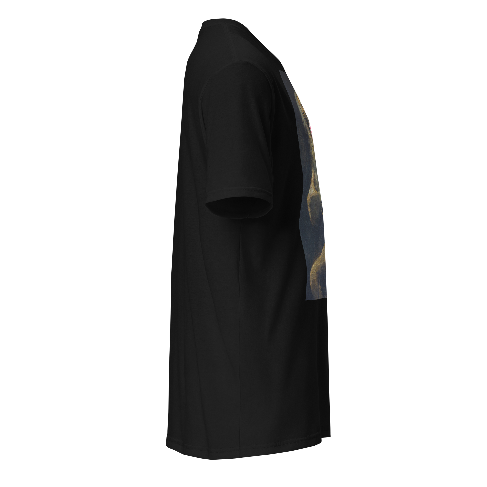 A black short-sleeve t-shirt shown from a side profile view, featuring a large graphic print on the back in shades of blue, gold, and white.
