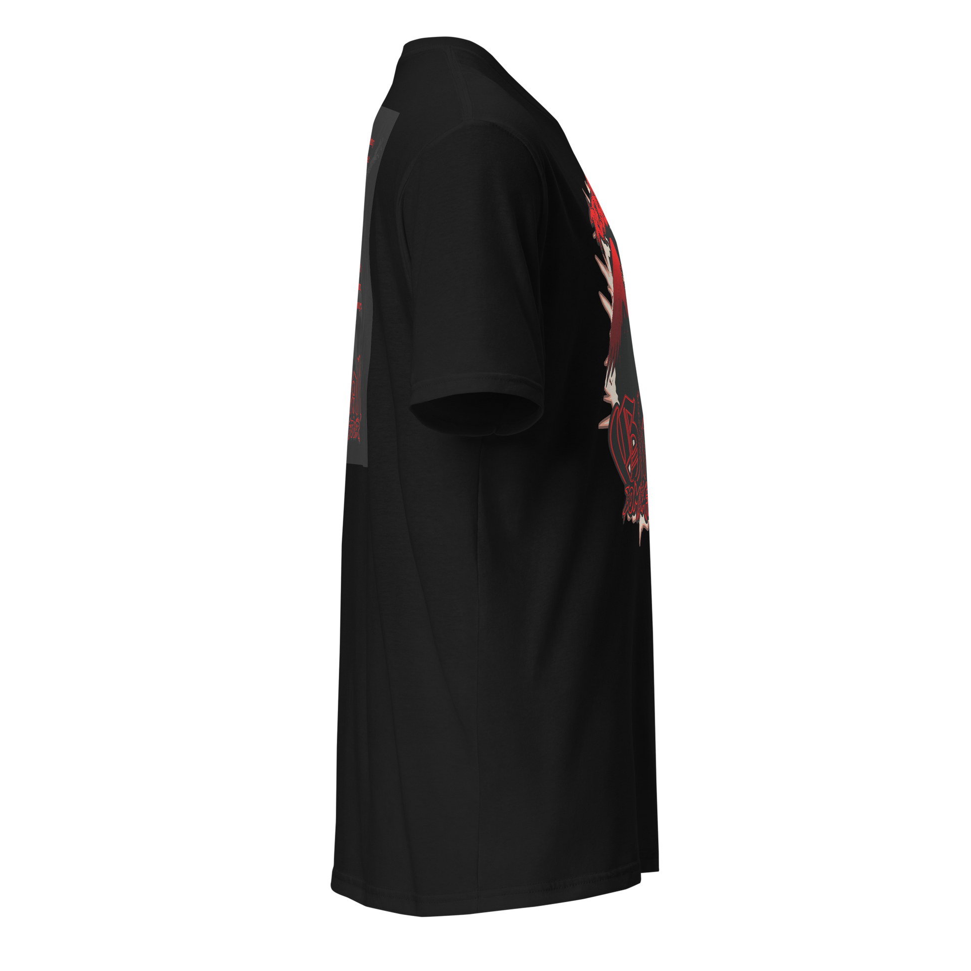 A black short-sleeve t-shirt shown from a side profile view, featuring a red and white graphic print on the right side.