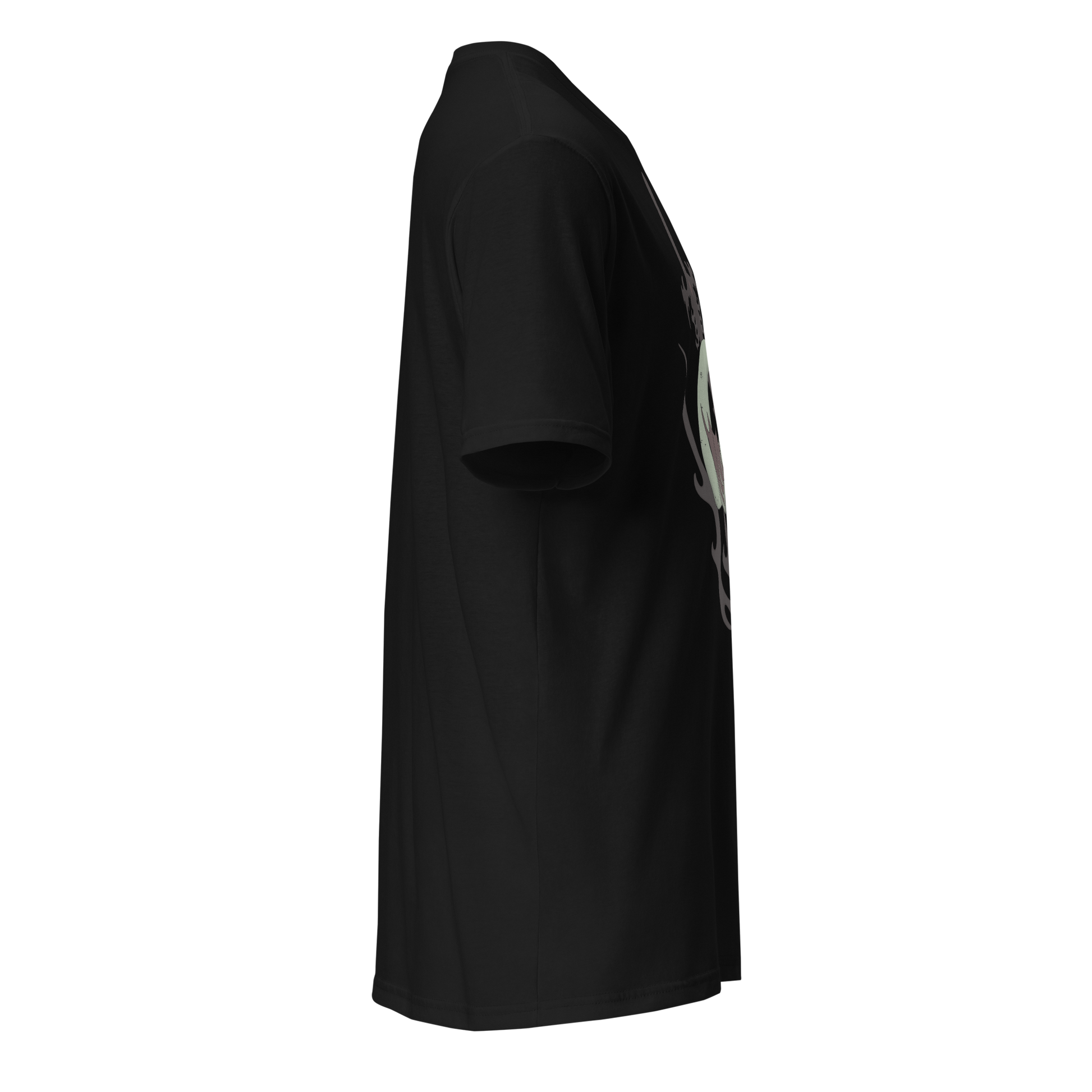 A black short-sleeve crewneck t-shirt shown from a side profile view against a plain white background.