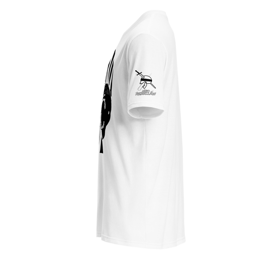 White t-shirt with black graphic design on a white background